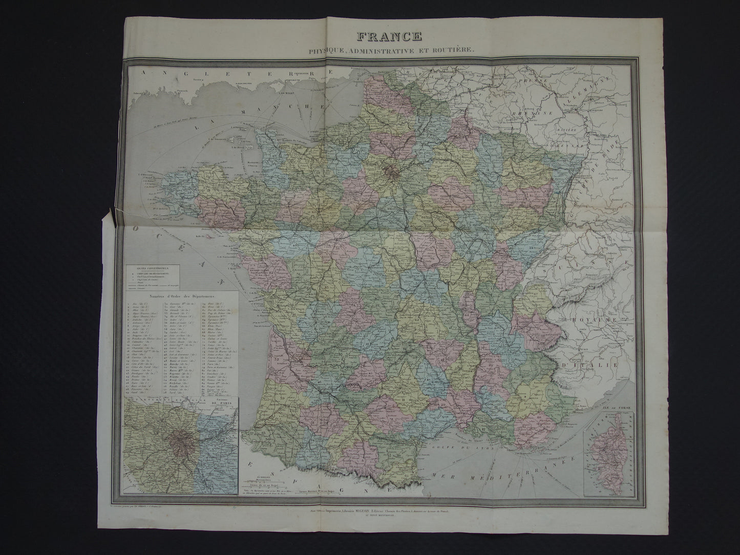 France antique map from 1870 DAMAGED original old map France departments