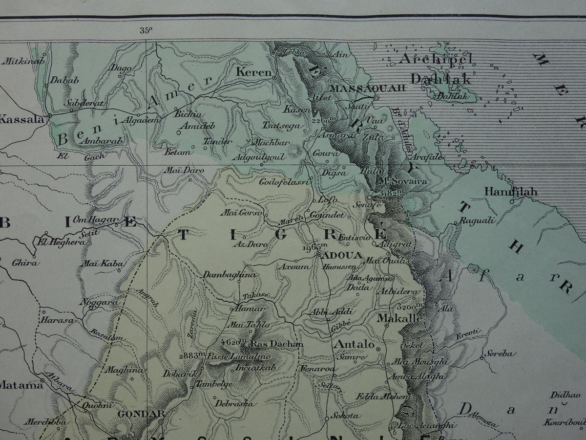 Oude kaart van Eritrea Djibouti Ethiopië 1896 originele antieke print Harar Massaouah Franse kolonie Kobbo Zeila vintage kaarten