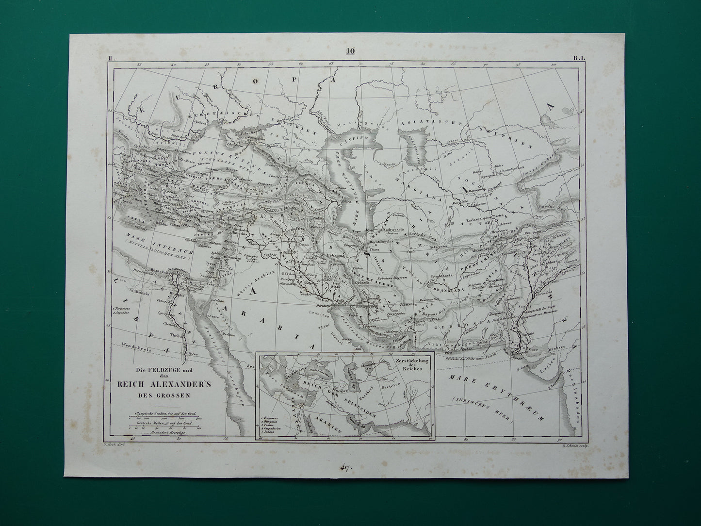 Antieke kaart van het rijk van Alexander de Grote uit 1849 Oude Duitse landkaart Macedonische Alexandrijnse rijk