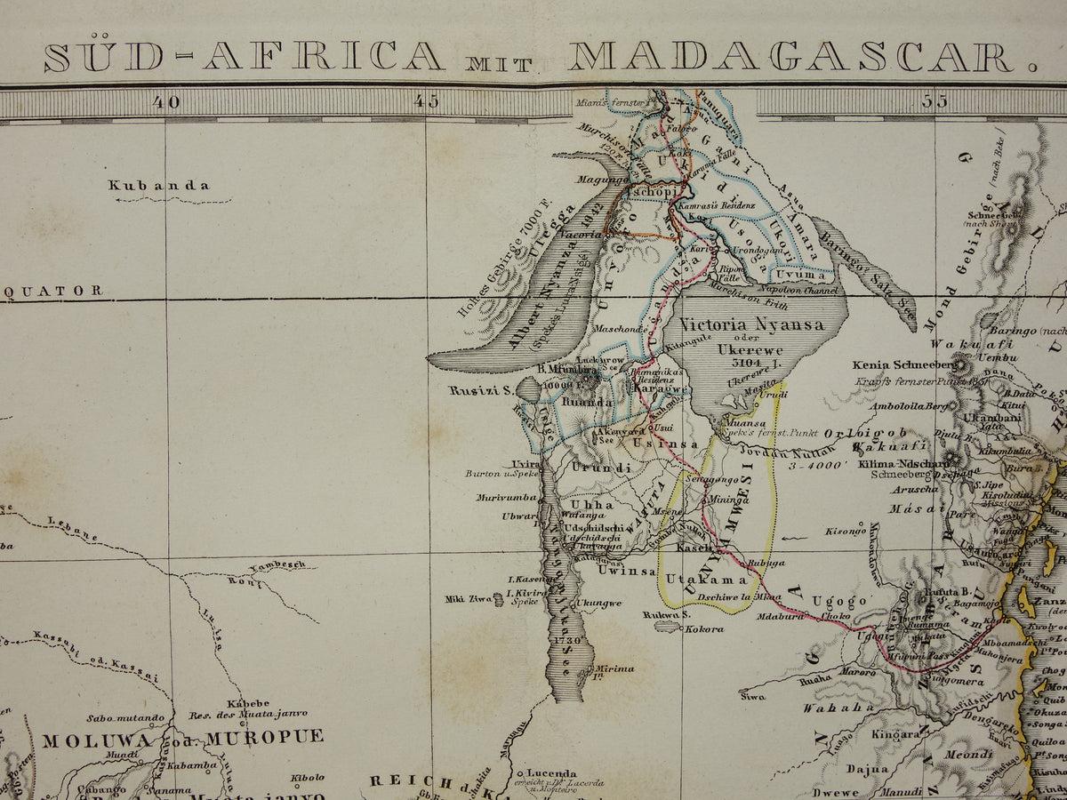 Antique map of Africa in 1868 Large original 165+ year old map of South Africa Madagascar Angola Namibia Botswana Tanzania Congo Mozambique Zambia Livingstone Andersson route