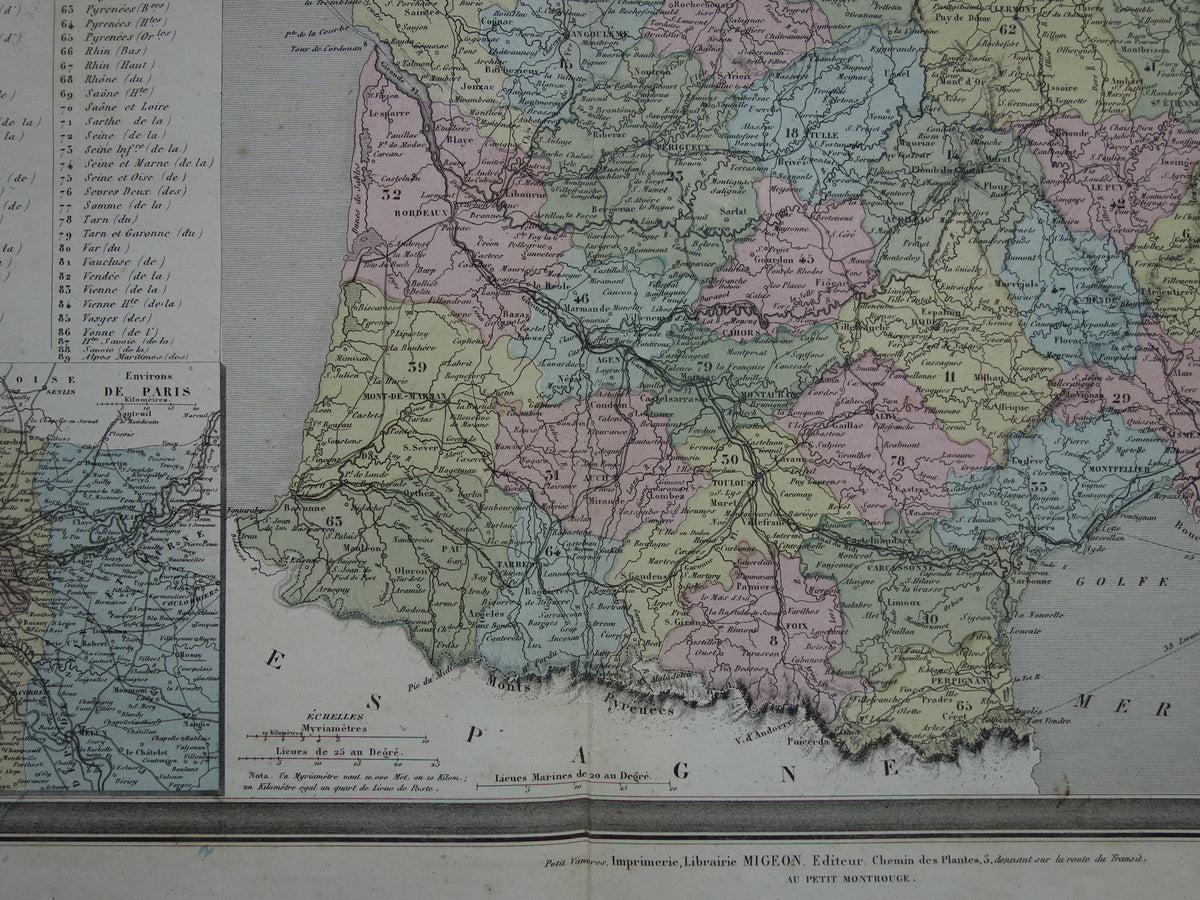 France antique map from 1870 DAMAGED original old map France departments