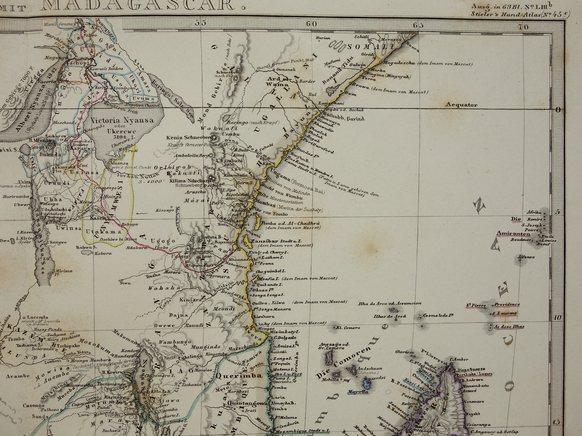Antique map of Africa in 1868 Large original 165+ year old map of South Africa Madagascar Angola Namibia Botswana Tanzania Congo Mozambique Zambia Livingstone Andersson route