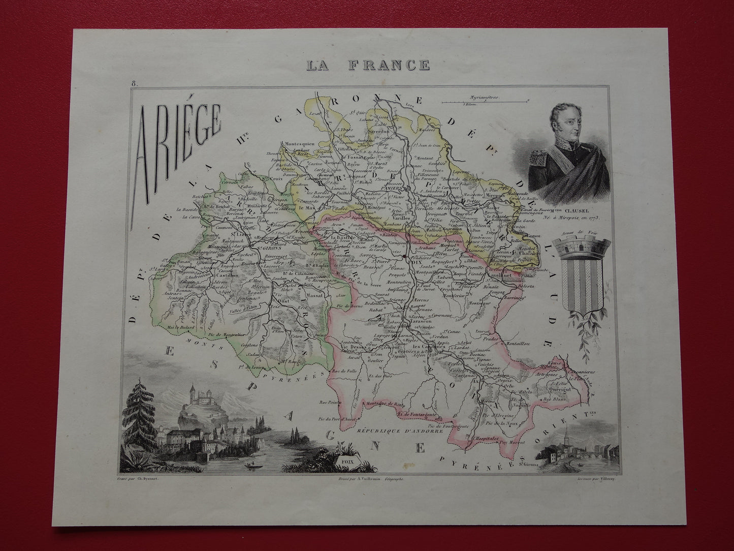 ARIEGE France old map from 1856 original antique hand colored map department Ariége Foix