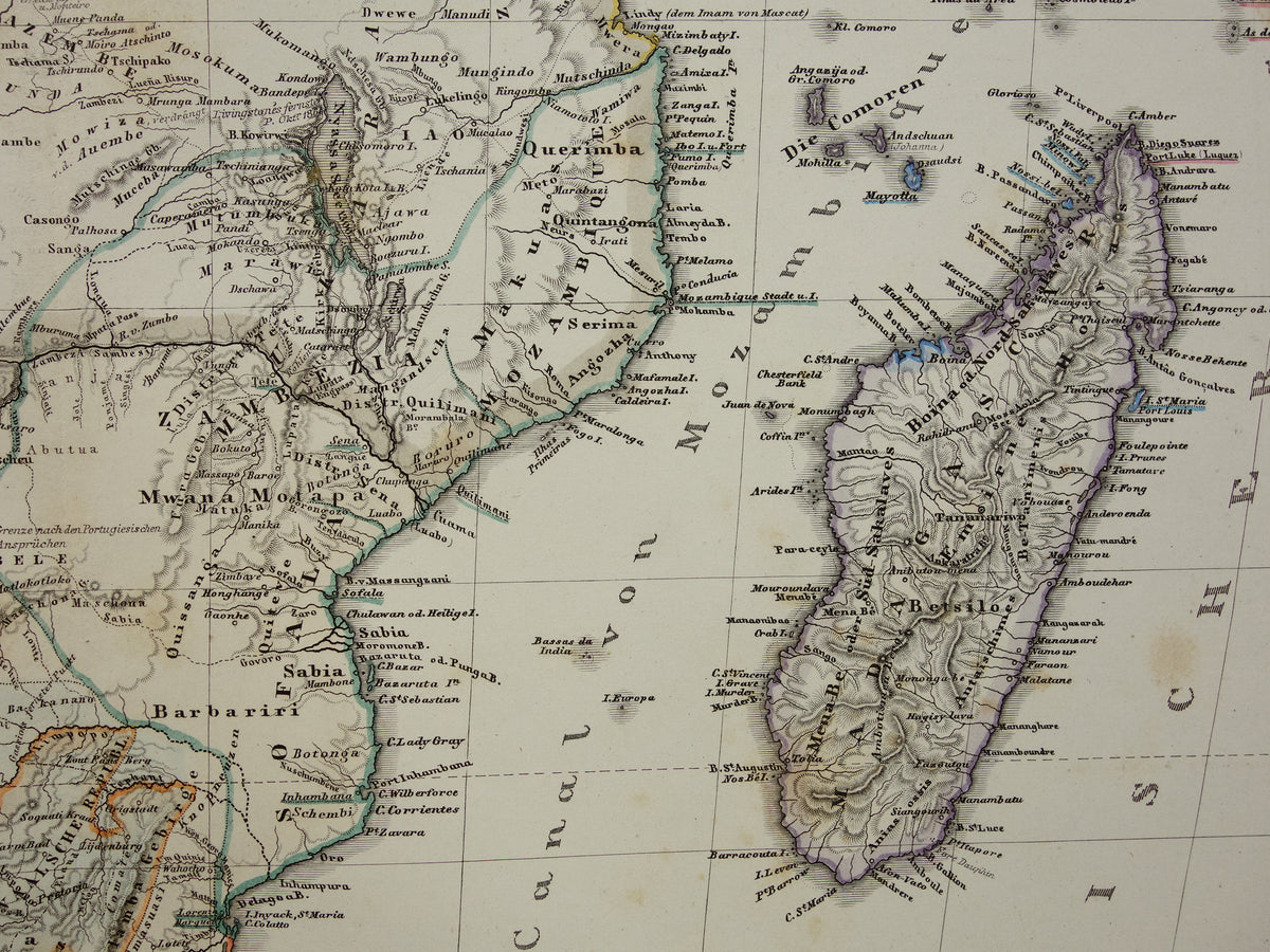 Antique map of Africa in 1868 Large original 165+ year old map of South Africa Madagascar Angola Namibia Botswana Tanzania Congo Mozambique Zambia Livingstone Andersson route