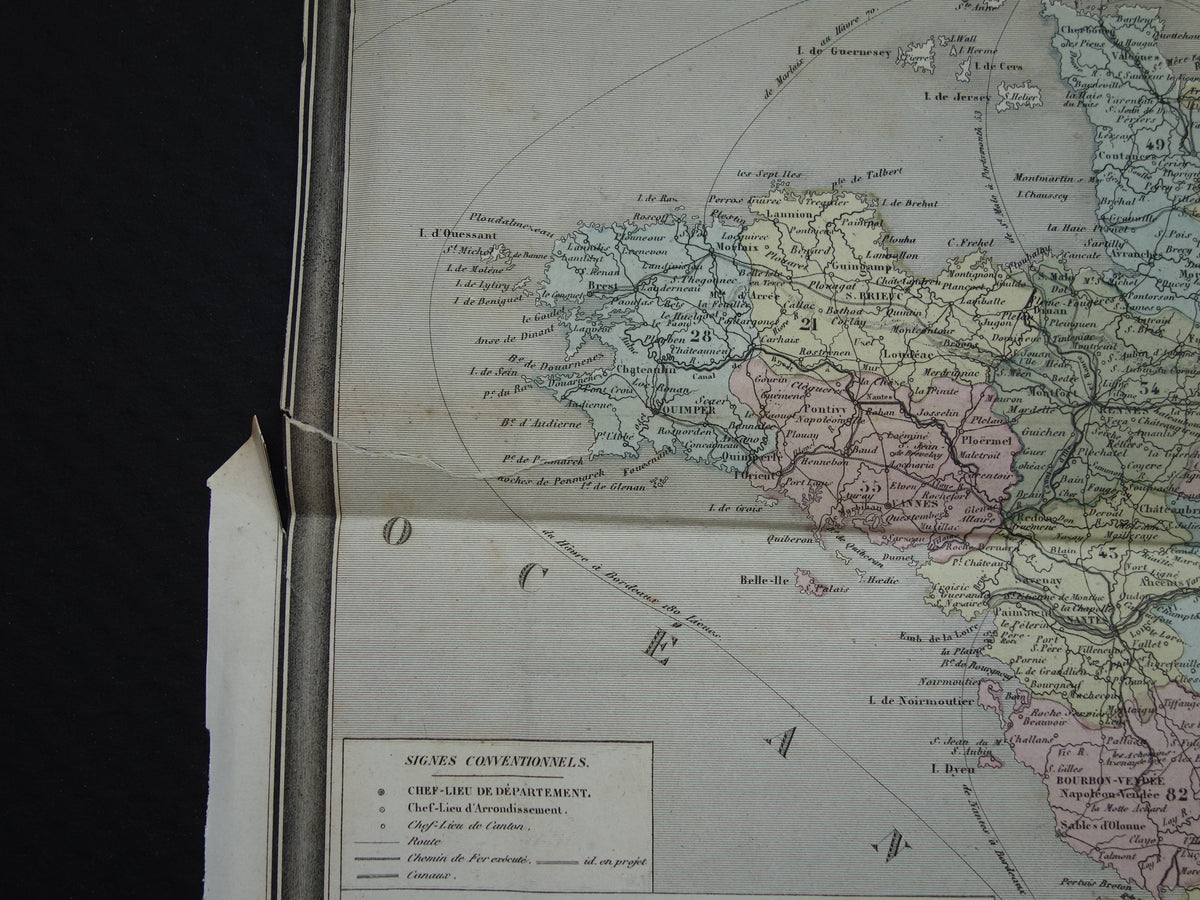 France antique map from 1870 DAMAGED original old map France departments