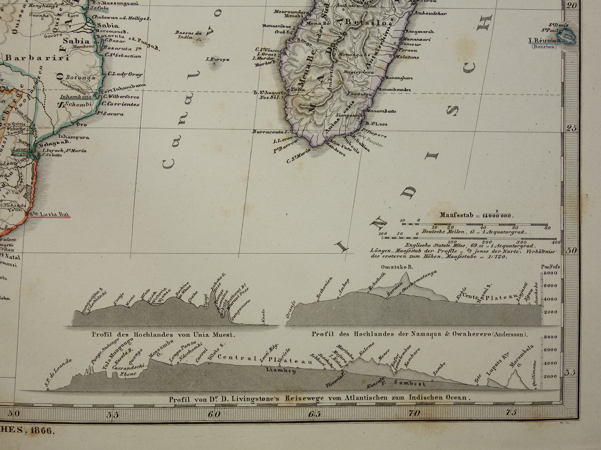 Antique map of Africa in 1868 Large original 165+ year old map of South Africa Madagascar Angola Namibia Botswana Tanzania Congo Mozambique Zambia Livingstone Andersson route