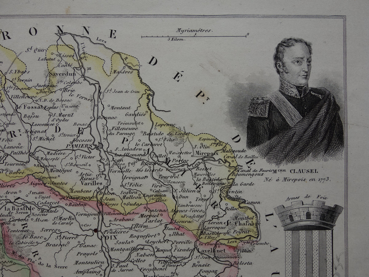 ARIEGE Frankrijk oude kaart uit 1856 originele antieke handgekleurde landkaart departement Ariége Foix
