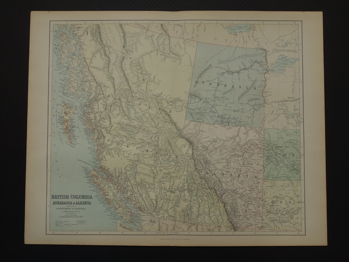 CANADA Grote oude kaart van British Columbia Athabasca Alberta 1890 antieke Engelse landkaart poster