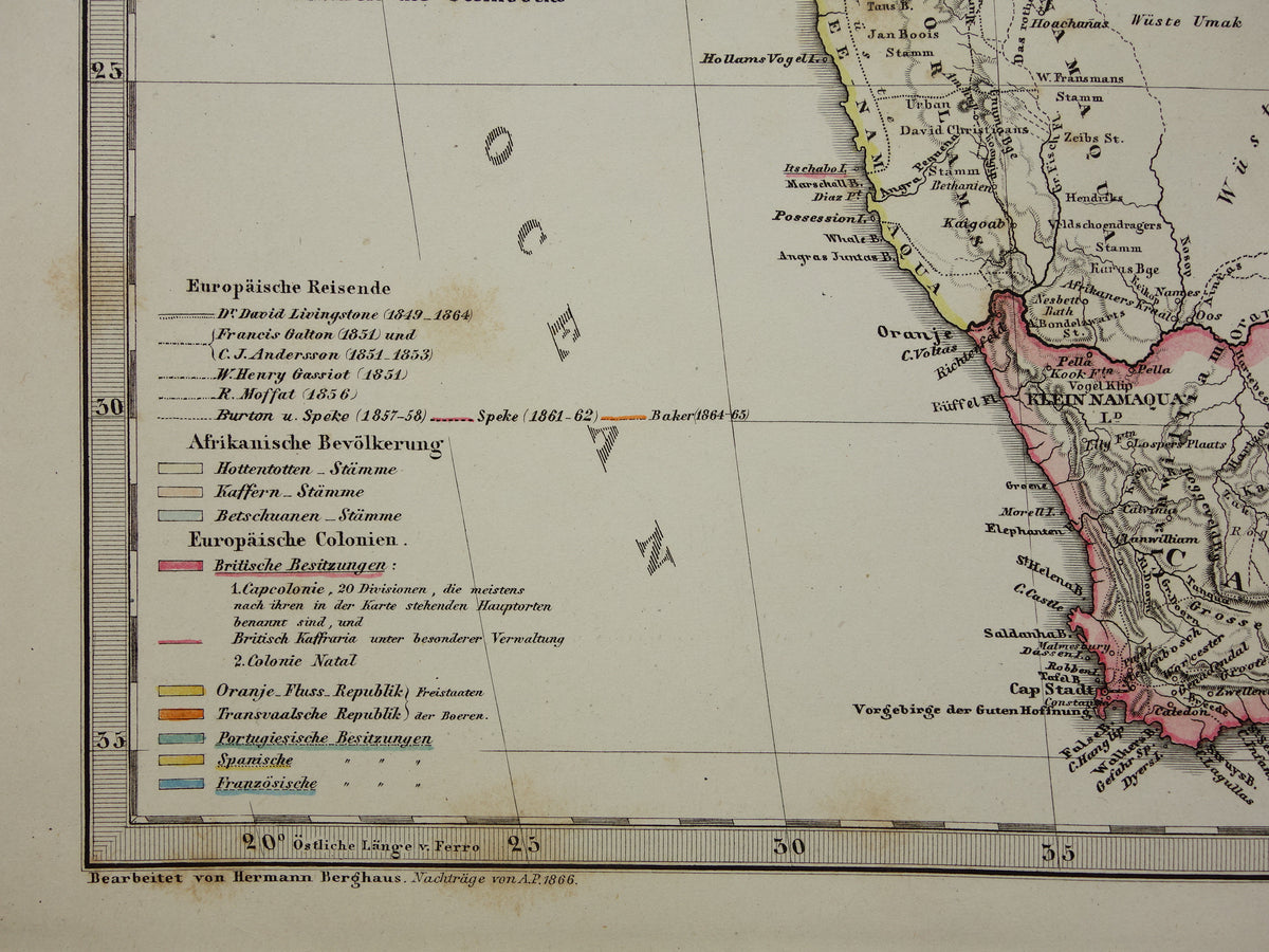 Antique map of Africa in 1868 Large original 165+ year old map of South Africa Madagascar Angola Namibia Botswana Tanzania Congo Mozambique Zambia Livingstone Andersson route