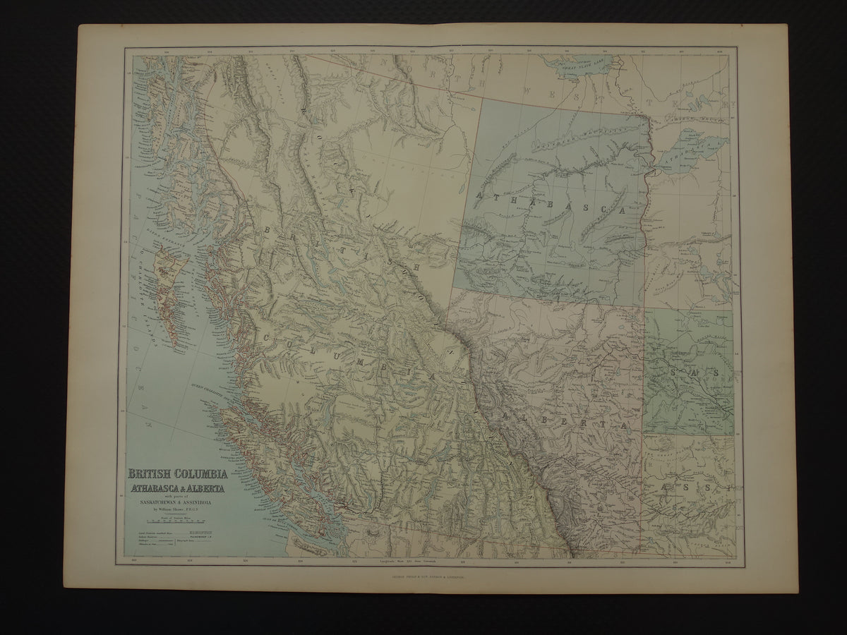 CANADA Large old map of British Columbia Athabasca Alberta 1890 antique English map poster