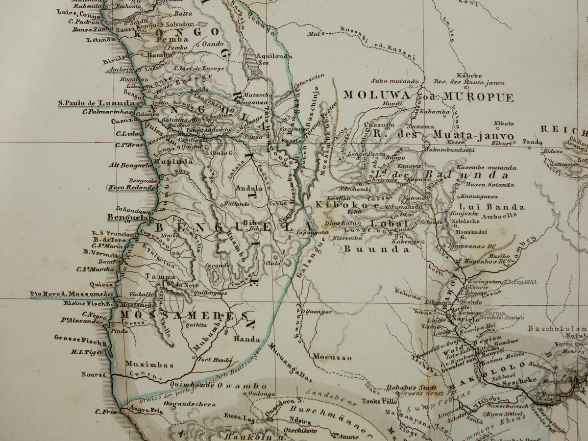 Antique map of Africa in 1868 Large original 165+ year old map of South Africa Madagascar Angola Namibia Botswana Tanzania Congo Mozambique Zambia Livingstone Andersson route