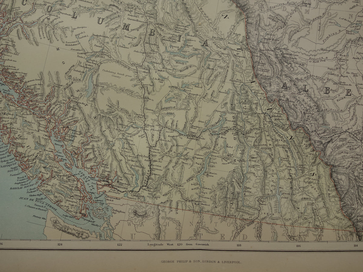 CANADA Large old map of British Columbia Athabasca Alberta 1890 antique English map poster