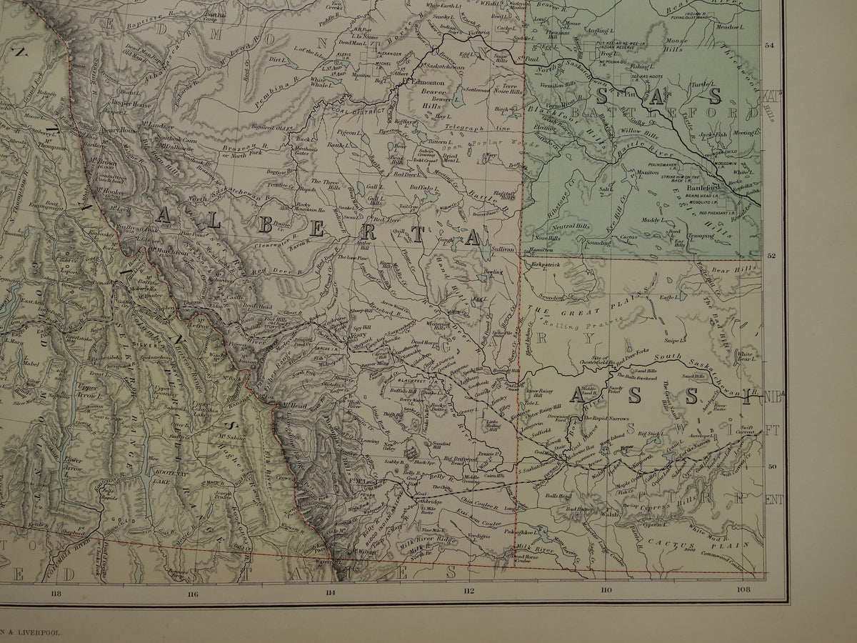 CANADA Large old map of British Columbia Athabasca Alberta 1890 antique English map poster