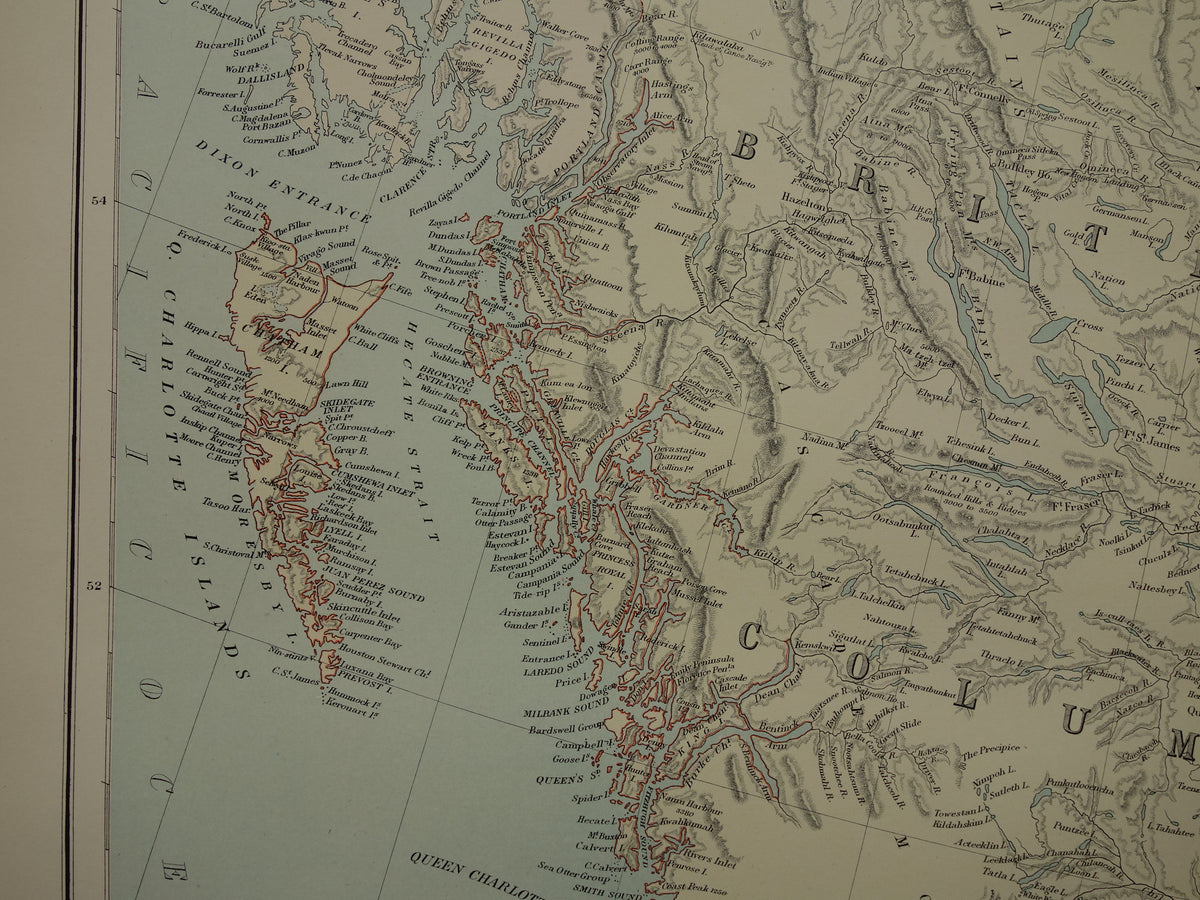 CANADA Large old map of British Columbia Athabasca Alberta 1890 antique English map poster