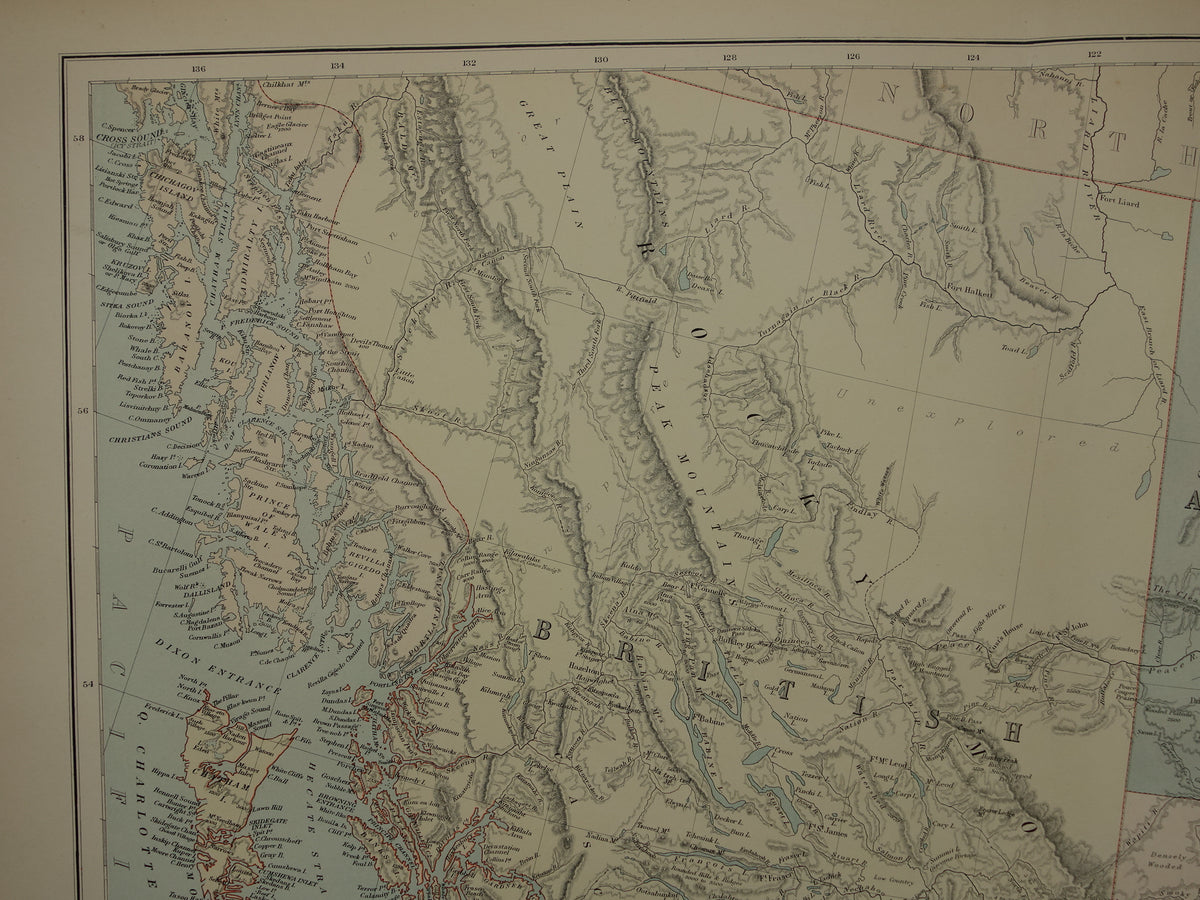 CANADA Large old map of British Columbia Athabasca Alberta 1890 antique English map poster