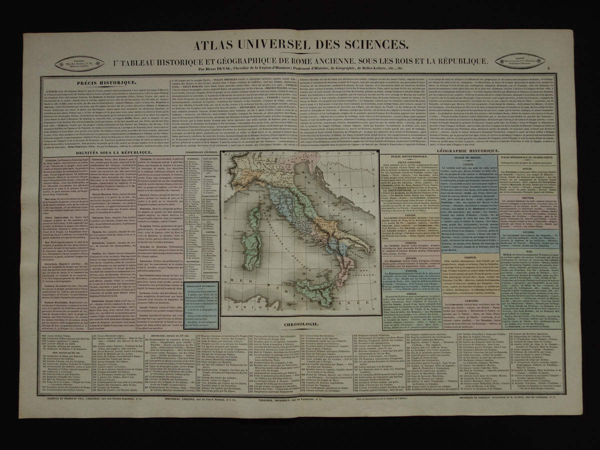 OUDE ROME grote antieke gravure over Romeinse beschaving in de oudheid met oude kaart van GItalië - Historische Geschiedeniskaart Romeinse Rijk