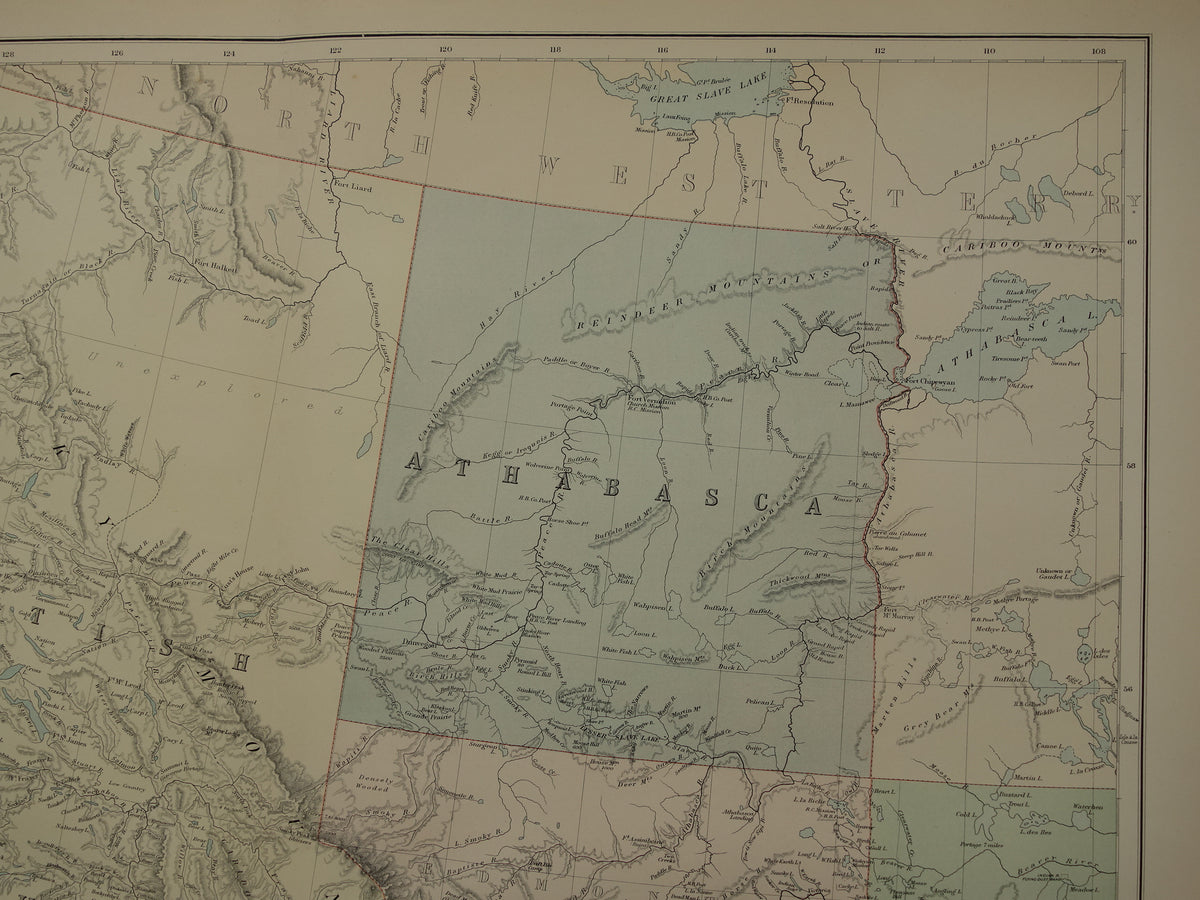 CANADA Large old map of British Columbia Athabasca Alberta 1890 antique English map poster