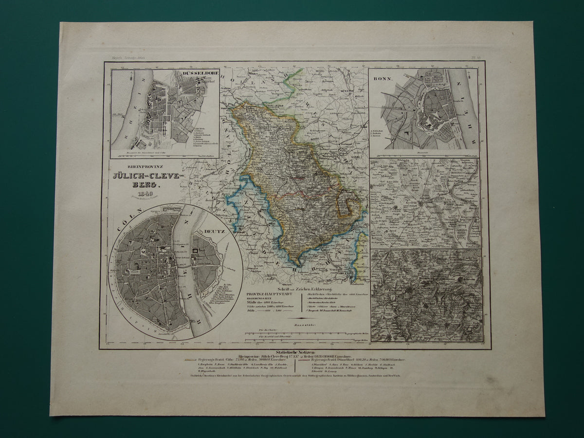 oude kaart van Rijnprovincie Jülich-Kleve-Berg 1849 originele antieke landkaart Duitsland Pruisen Keulen Bonn Düsseldorf