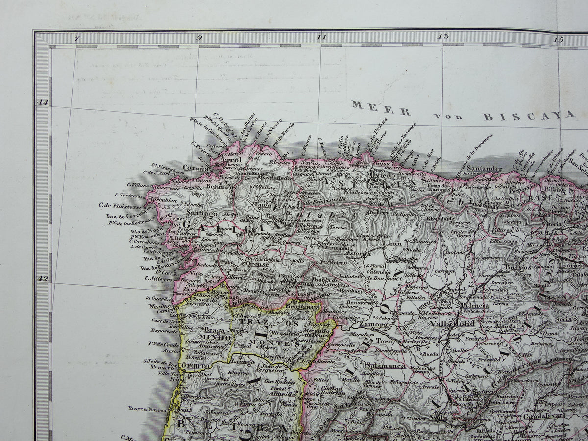 SPANIEN Alte Landkarte von Spanien und Portugal aus dem Jahr 1868, originale antike Landkarte mit Jahreszahl
