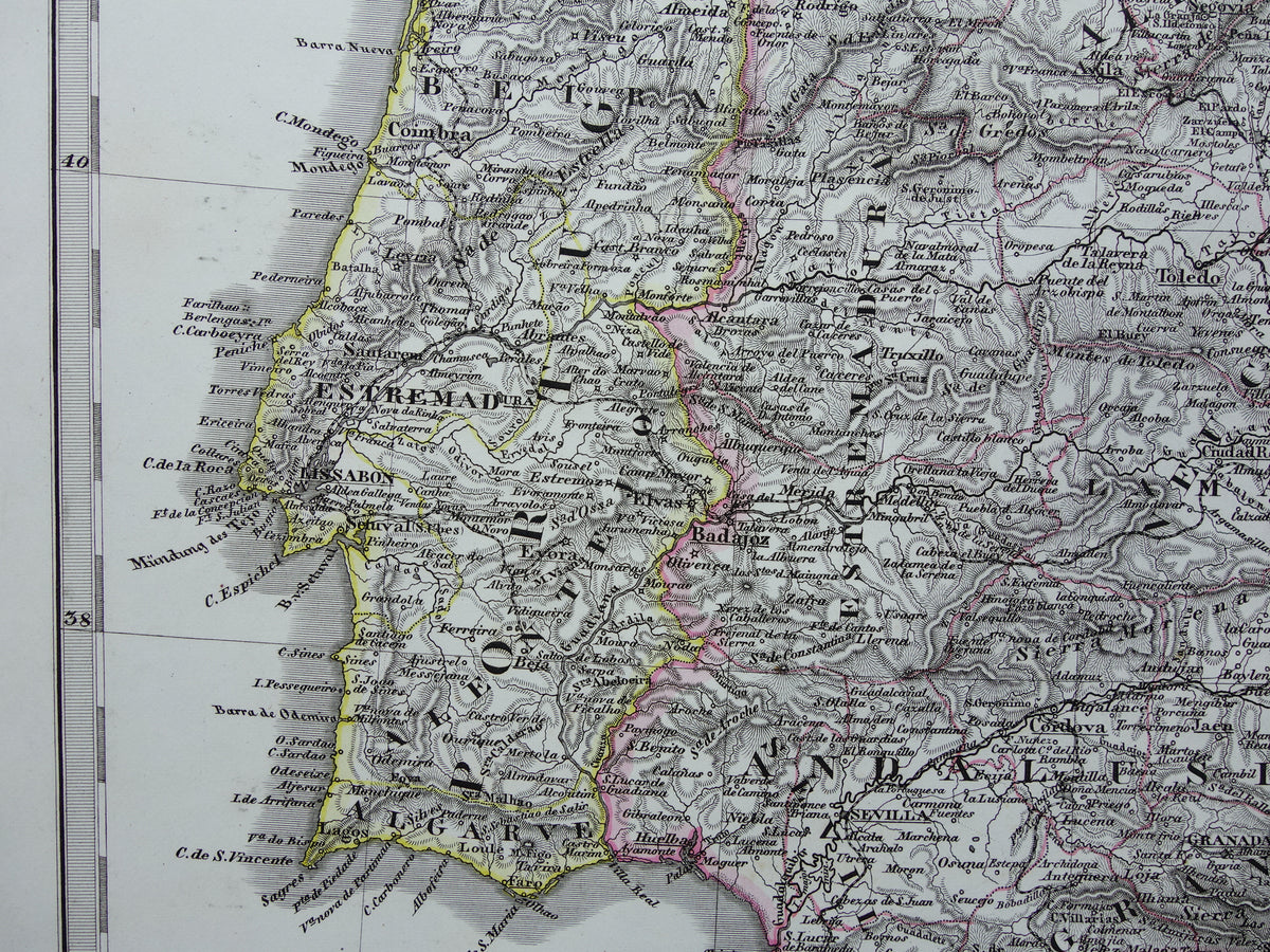 SPANIEN Alte Landkarte von Spanien und Portugal aus dem Jahr 1868, originale antike Landkarte mit Jahreszahl
