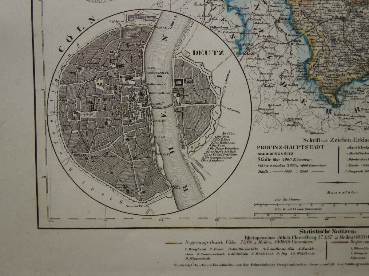 oude kaart van Rijnprovincie Jülich-Kleve-Berg 1849 originele antieke landkaart Duitsland Pruisen Keulen Bonn Düsseldorf