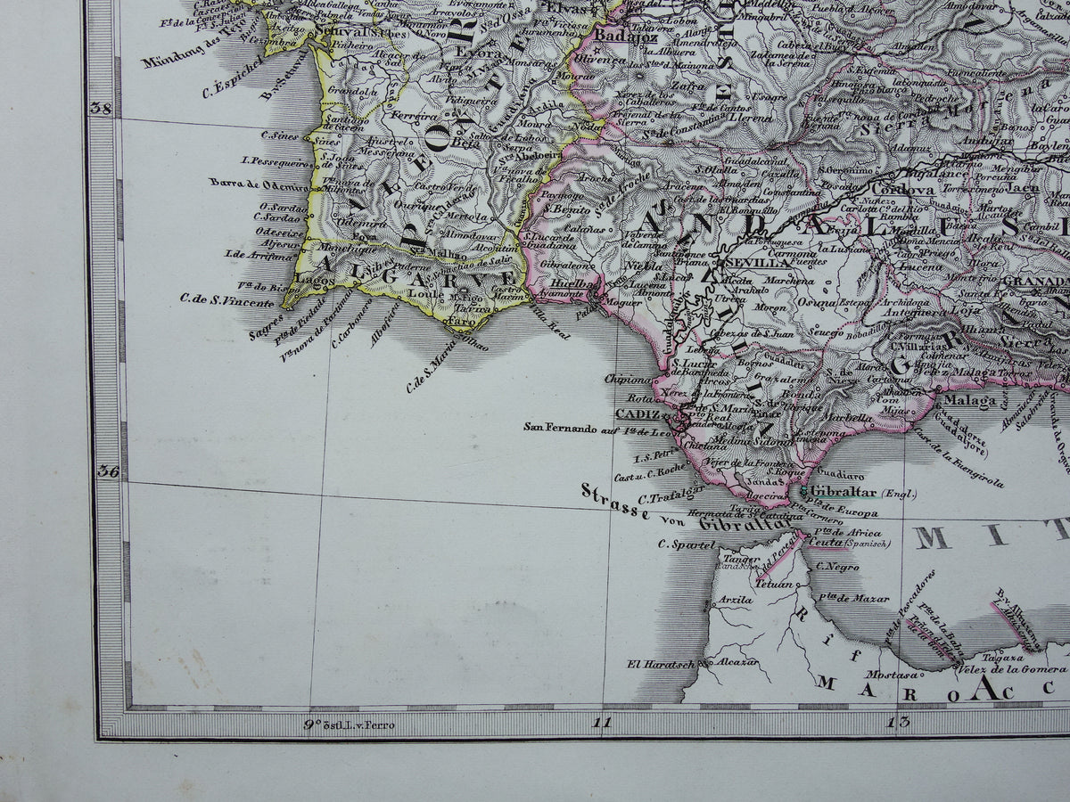 SPANIEN Alte Landkarte von Spanien und Portugal aus dem Jahr 1868, originale antike Landkarte mit Jahreszahl