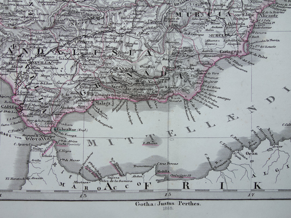 SPANIEN Alte Landkarte von Spanien und Portugal aus dem Jahr 1868, originale antike Landkarte mit Jahreszahl