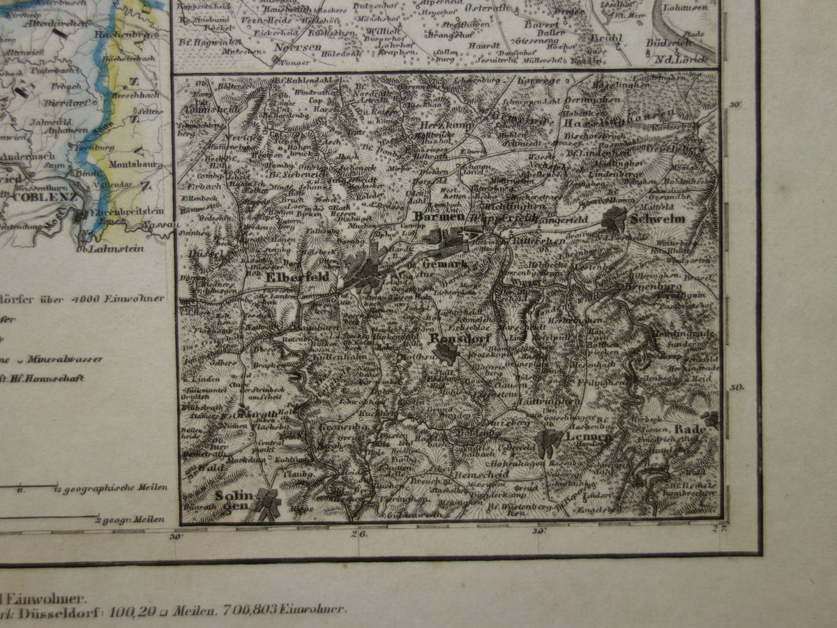 oude kaart van Rijnprovincie Jülich-Kleve-Berg 1849 originele antieke landkaart Duitsland Pruisen Keulen Bonn Düsseldorf