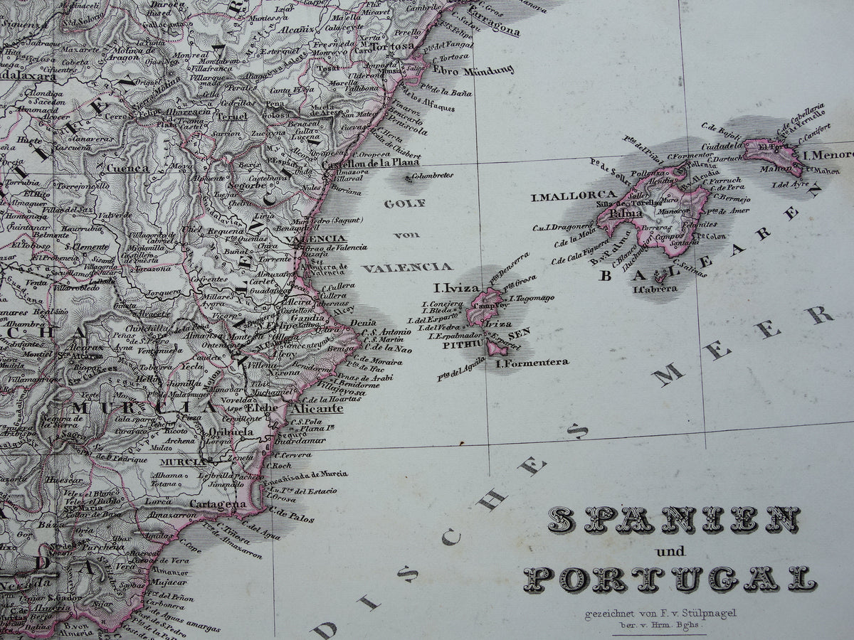 SPANIEN Alte Landkarte von Spanien und Portugal aus dem Jahr 1868, originale antike Landkarte mit Jahreszahl