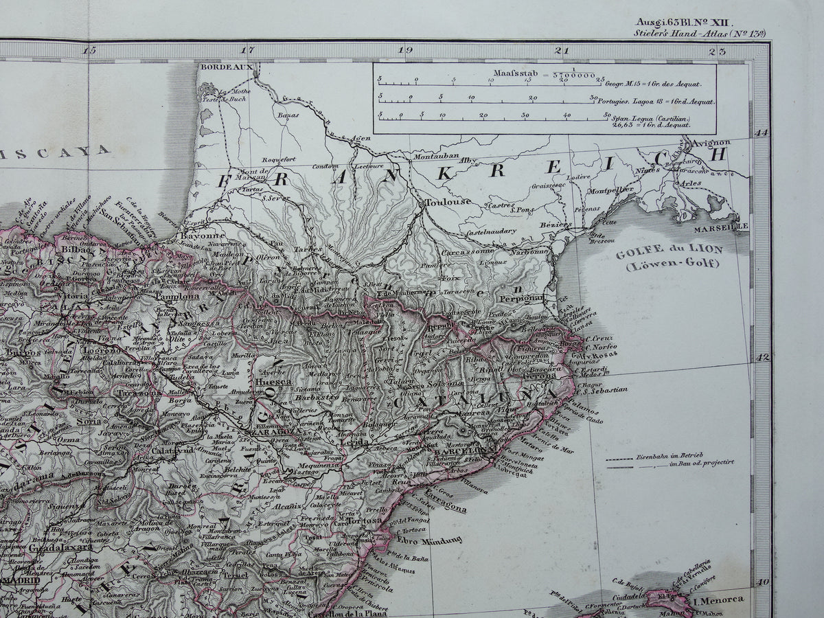 SPANIEN Alte Landkarte von Spanien und Portugal aus dem Jahr 1868, originale antike Landkarte mit Jahreszahl