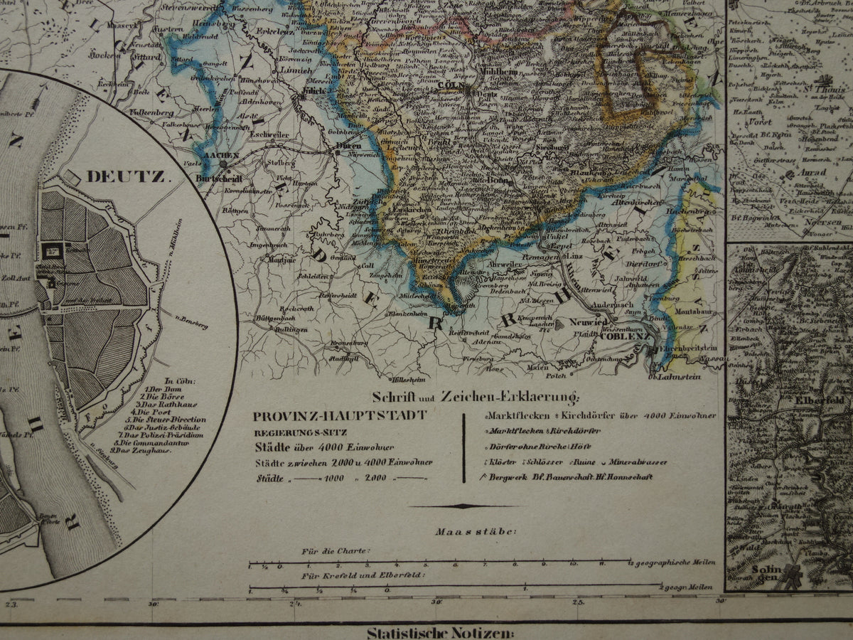 oude kaart van Rijnprovincie Jülich-Kleve-Berg 1849 originele antieke landkaart Duitsland Pruisen Keulen Bonn Düsseldorf