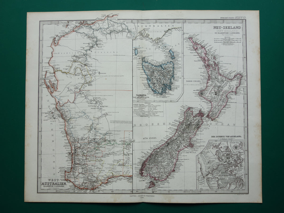 Nieuw-Zeeland oude kaart van NZ Australië en Tasmanië in 1868 originele antieke Duitse landkaart vintage landkaarten