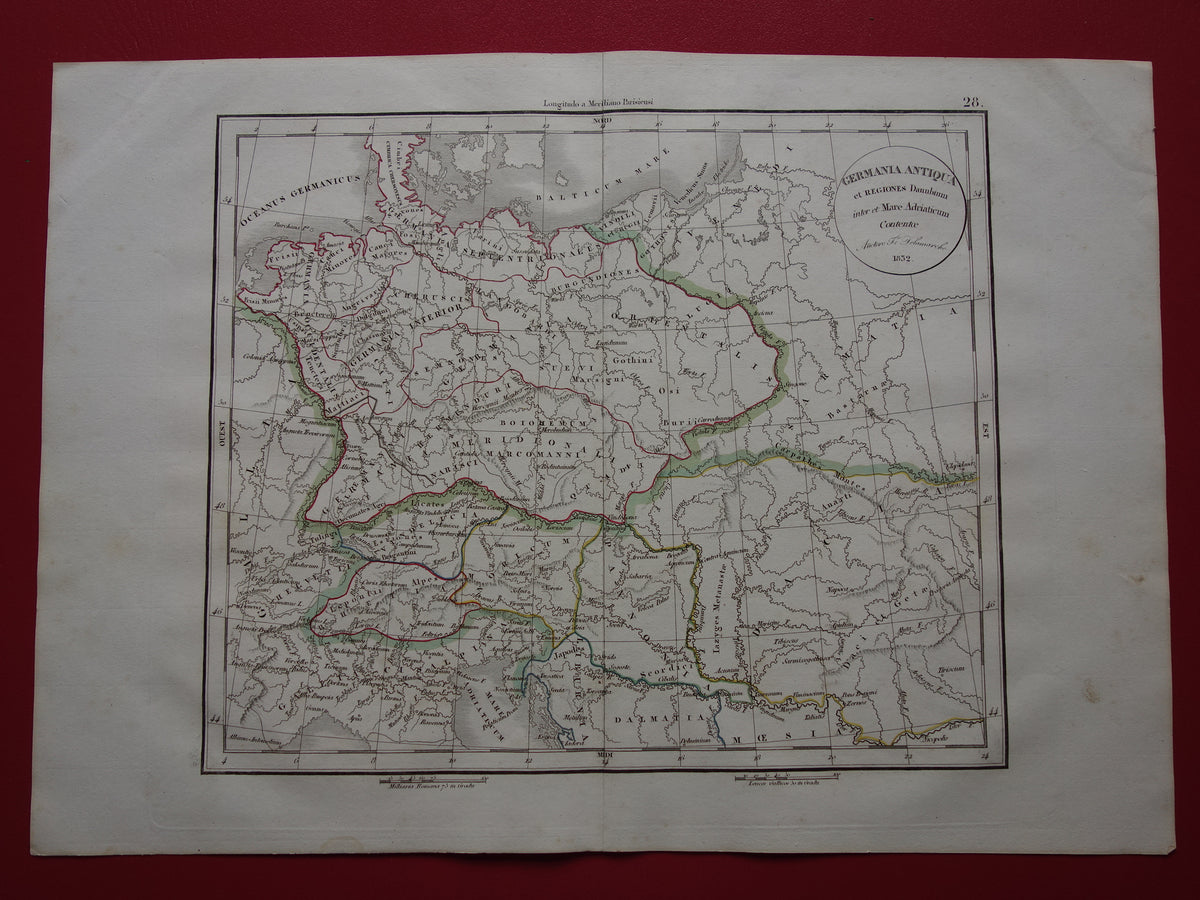Duitsland oude historische landkaart van Germania in Romeinse Tijd - 1832 originele antieke kaart centraal Europa in oudheid