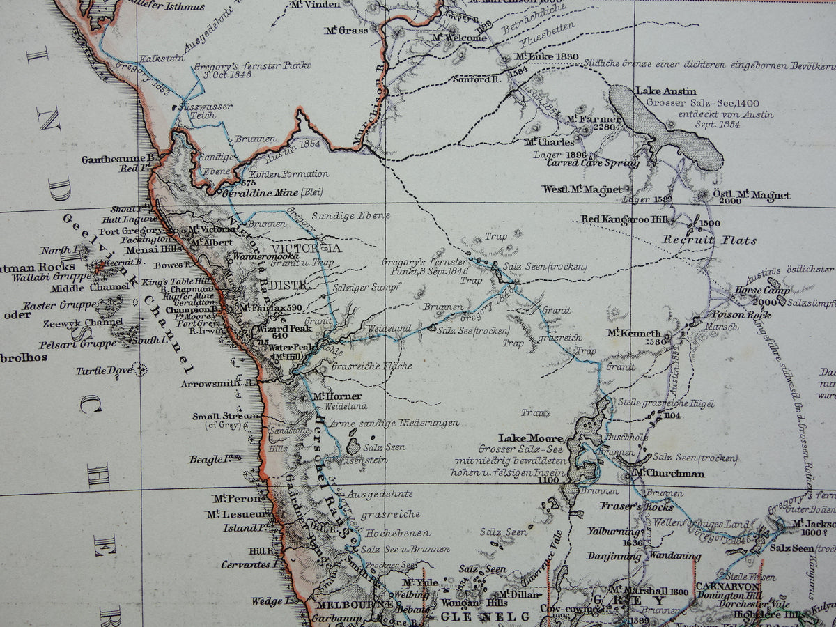 Nieuw-Zeeland oude kaart van NZ Australië en Tasmanië in 1868 originele antieke Duitse landkaart vintage landkaarten
