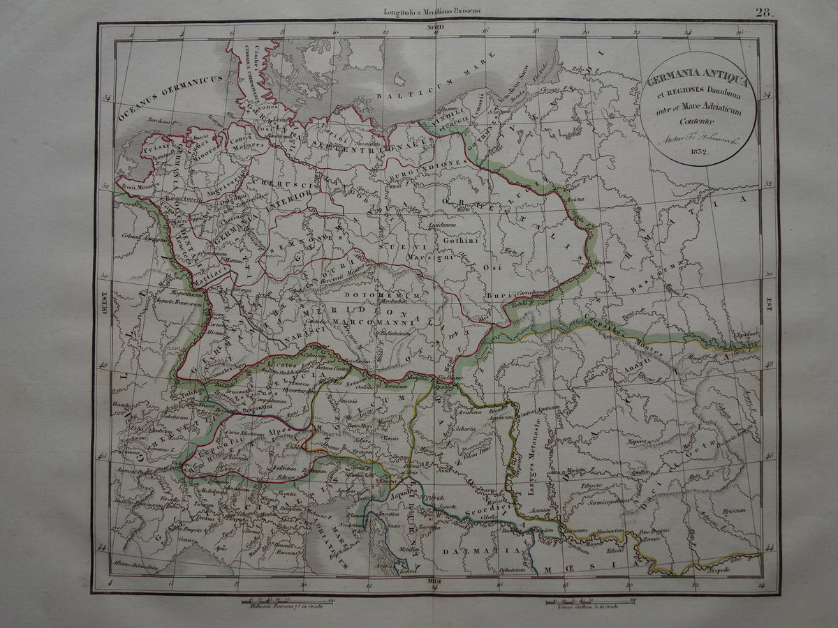 Germany old historical map of Germania in Roman times - 1832 original antique map central Europe in antiquity