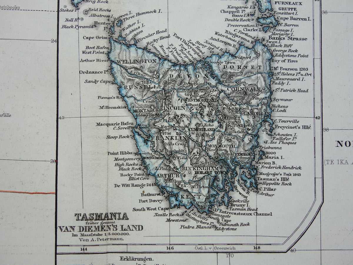 Nieuw-Zeeland oude kaart van NZ Australië en Tasmanië in 1868 originele antieke Duitse landkaart vintage landkaarten
