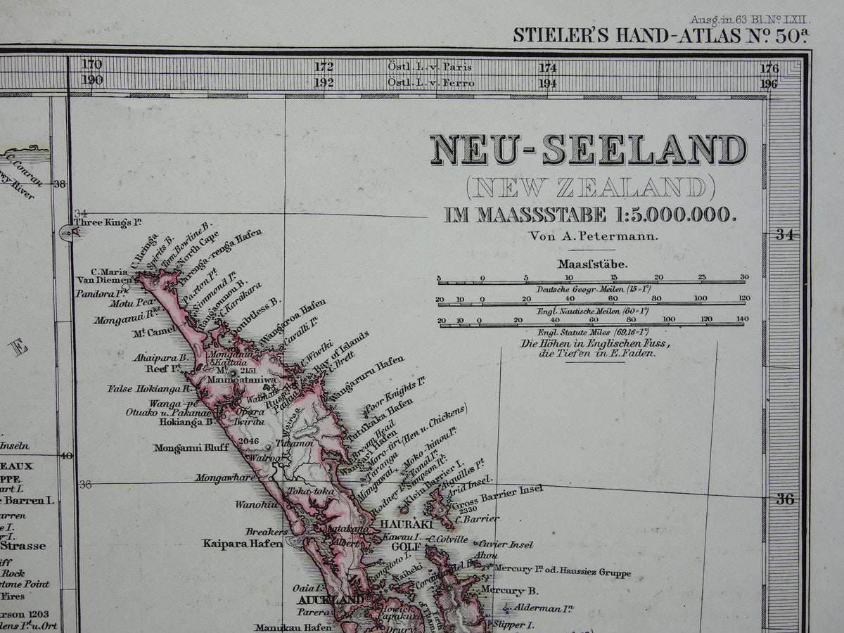 Nieuw-Zeeland oude kaart van NZ Australië en Tasmanië in 1868 originele antieke Duitse landkaart vintage landkaarten
