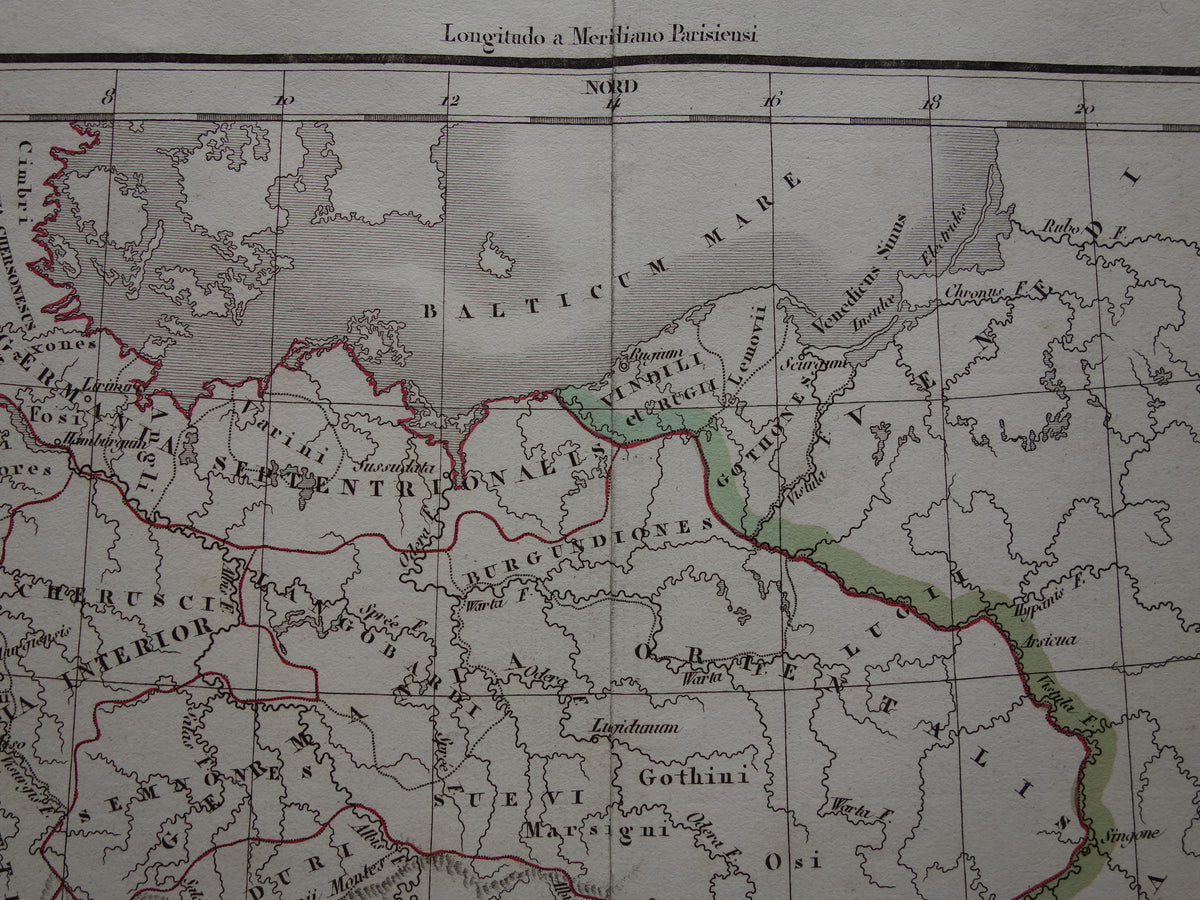 Germany old historical map of Germania in Roman times - 1832 original antique map central Europe in antiquity