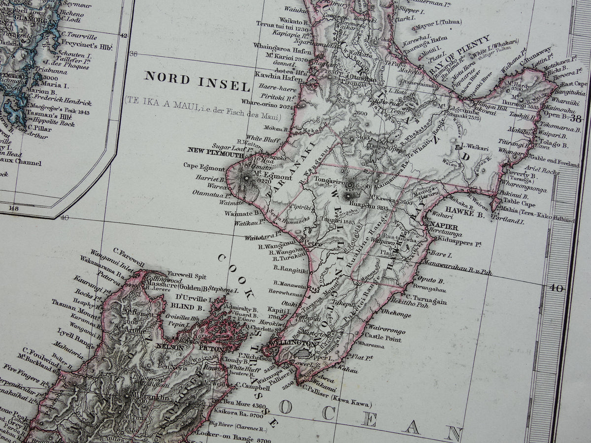 Nieuw-Zeeland oude kaart van NZ Australië en Tasmanië in 1868 originele antieke Duitse landkaart vintage landkaarten