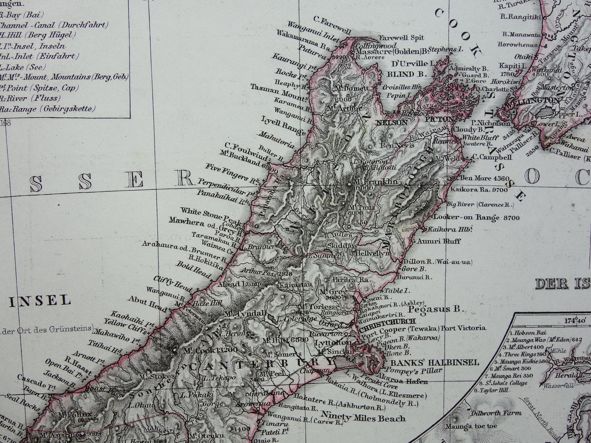 Nieuw-Zeeland oude kaart van NZ Australië en Tasmanië in 1868 originele antieke Duitse landkaart vintage landkaarten