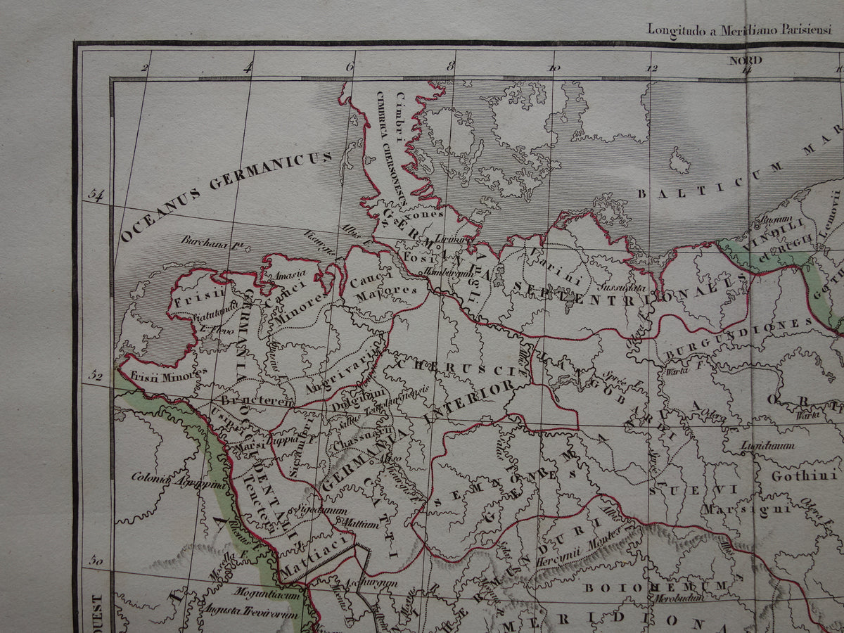 Germany old historical map of Germania in Roman times - 1832 original antique map central Europe in antiquity
