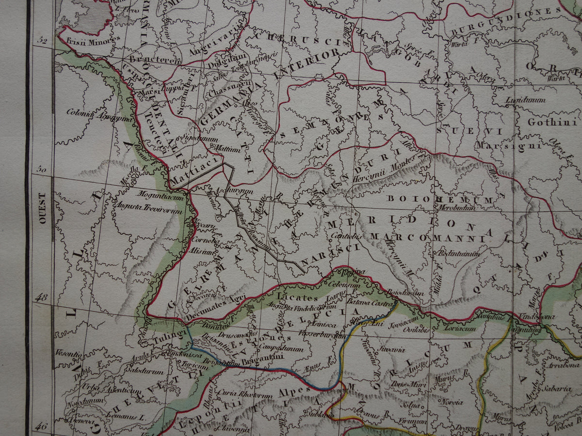 Germany old historical map of Germania in Roman times - 1832 original antique map central Europe in antiquity