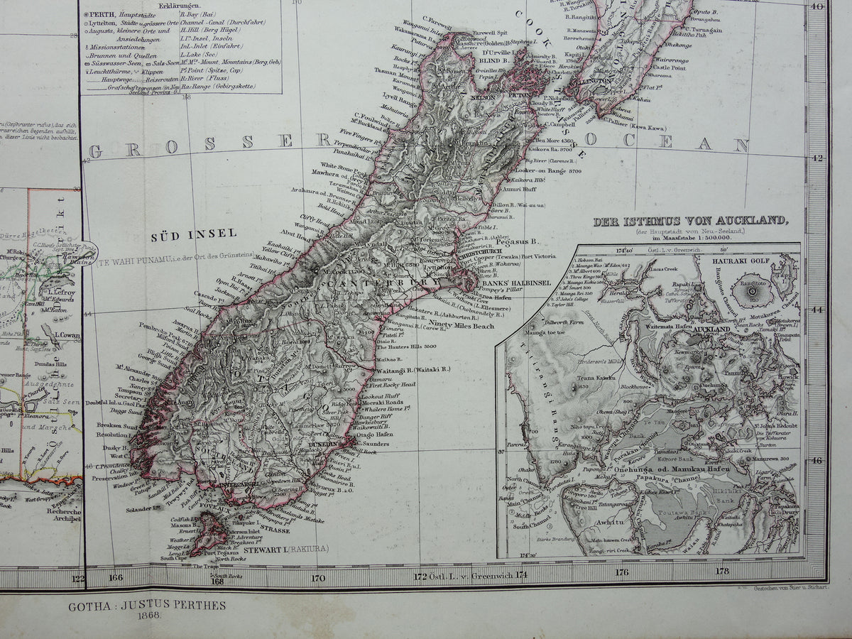 Nieuw-Zeeland oude kaart van NZ Australië en Tasmanië in 1868 originele antieke Duitse landkaart vintage landkaarten