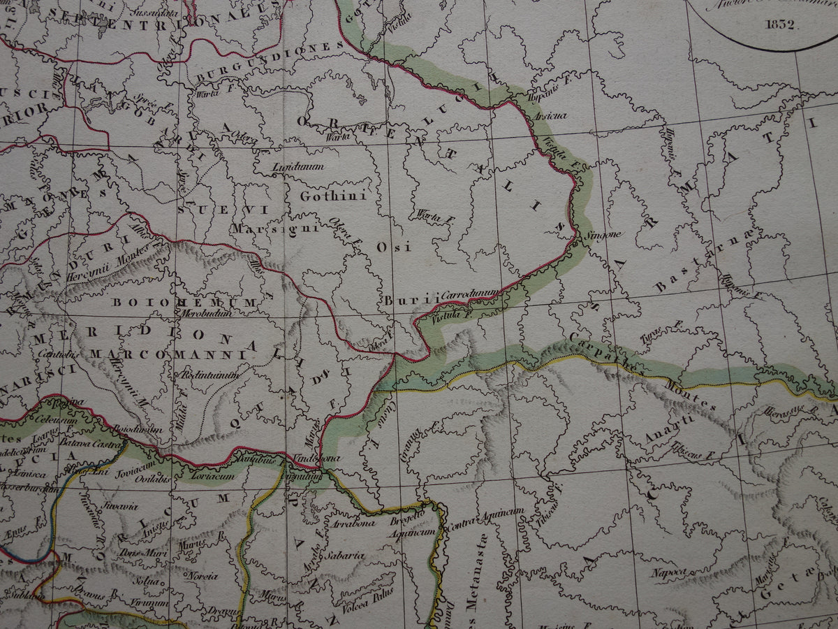 Germany old historical map of Germania in Roman times - 1832 original antique map central Europe in antiquity