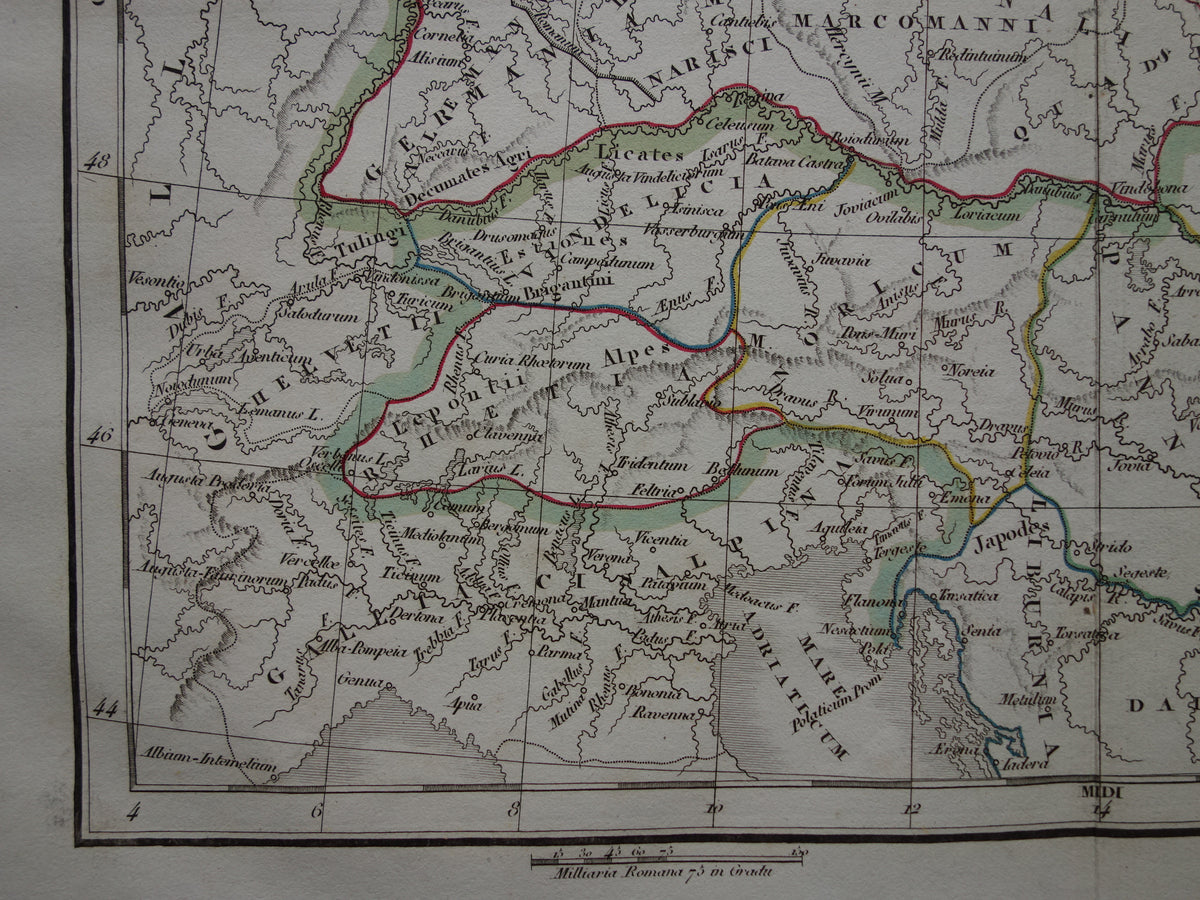 Germany old historical map of Germania in Roman times - 1832 original antique map central Europe in antiquity