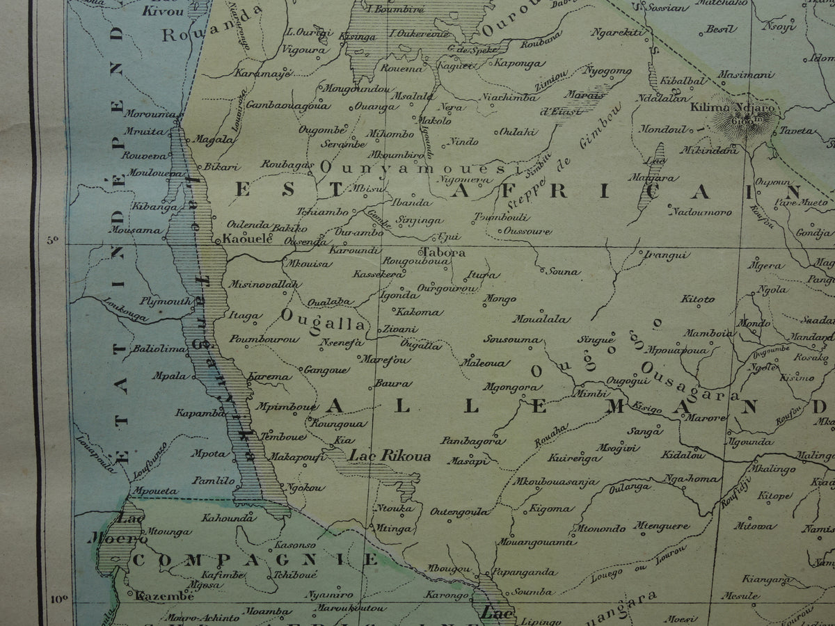 Old map of German East Africa 1896 original antique map Zanzibar Africa great lakes region Victoria lake Nyanza Kilimanjaro vintage maps Tanzania