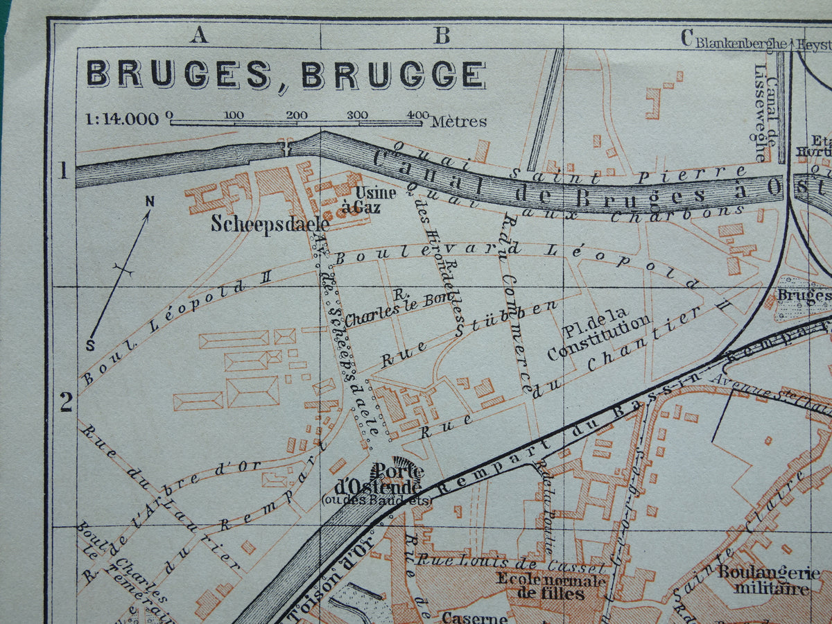 BRUGGE oude kaart van Brugge België uit 1910 kleine originele antieke plattegrond landkaart