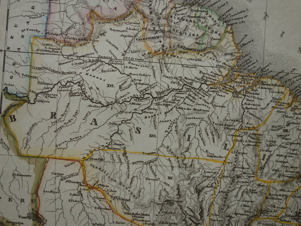 Brazilië oude kaart van Brazilië uit 1851 originele antieke landkaart - vintage kaarten