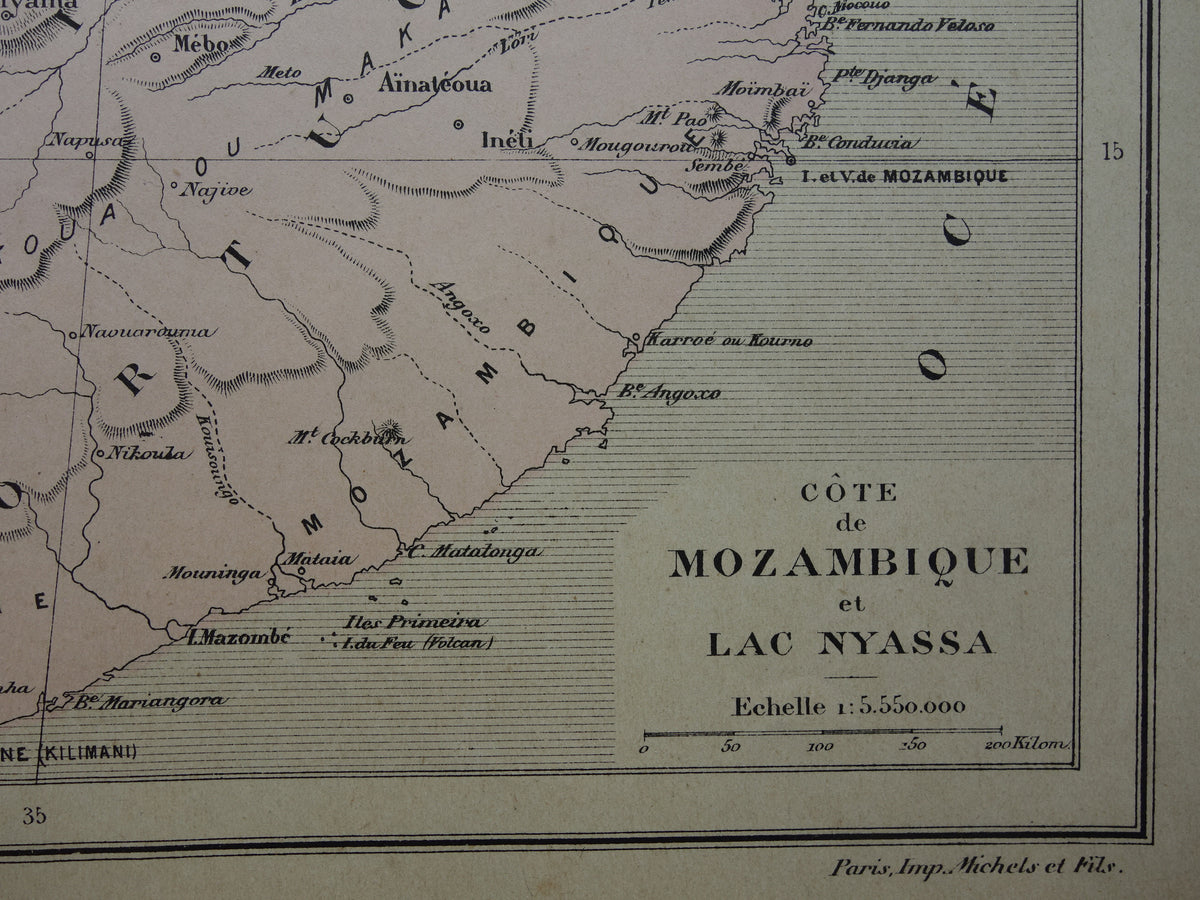 Mozambique Oude kaart van Mozambique Malawimeer uit 1896 antieke handgekleurde landkaart Lake Malawi