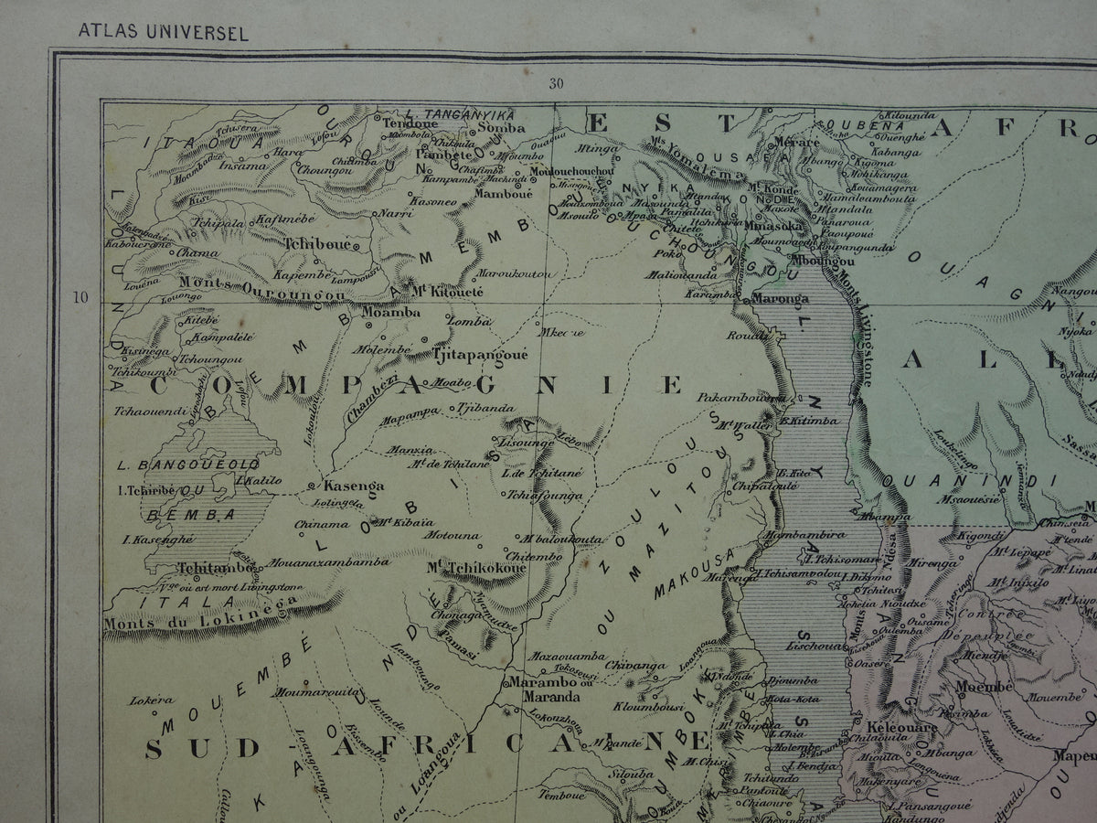 Mozambique Oude kaart van Mozambique Malawimeer uit 1896 antieke handgekleurde landkaart Lake Malawi
